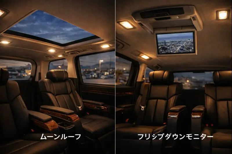 ムーンルーフやフリップダウンモニターは標準か?