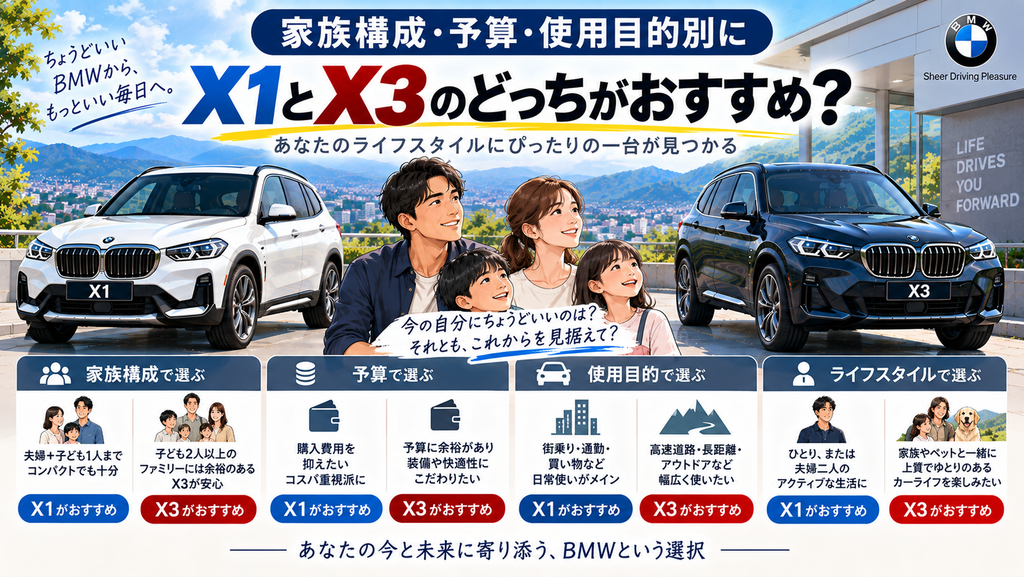 家族構成・予算・使用目的別にX1とX3のどっちがおすすめ?